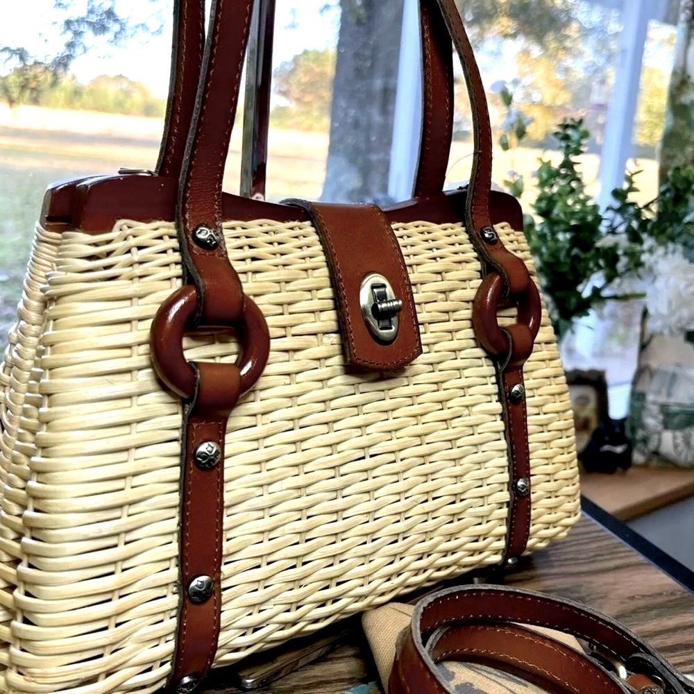 Patricia Nash Marcianise Natural Wicker Brown Leather Trim Conv Shoulder Handbag